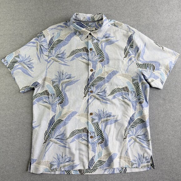 Tommy Bahama XL Tropical Leaf Button‑Up Camp Collar Shirt Light Blue Green White - Picture 1 of 9